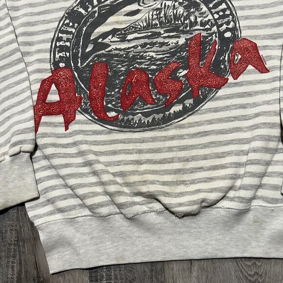 VTG Alaska The Final Frontier White/Grey Striped USA Juneau Travel Sweatshirt - Picture 4 of 6